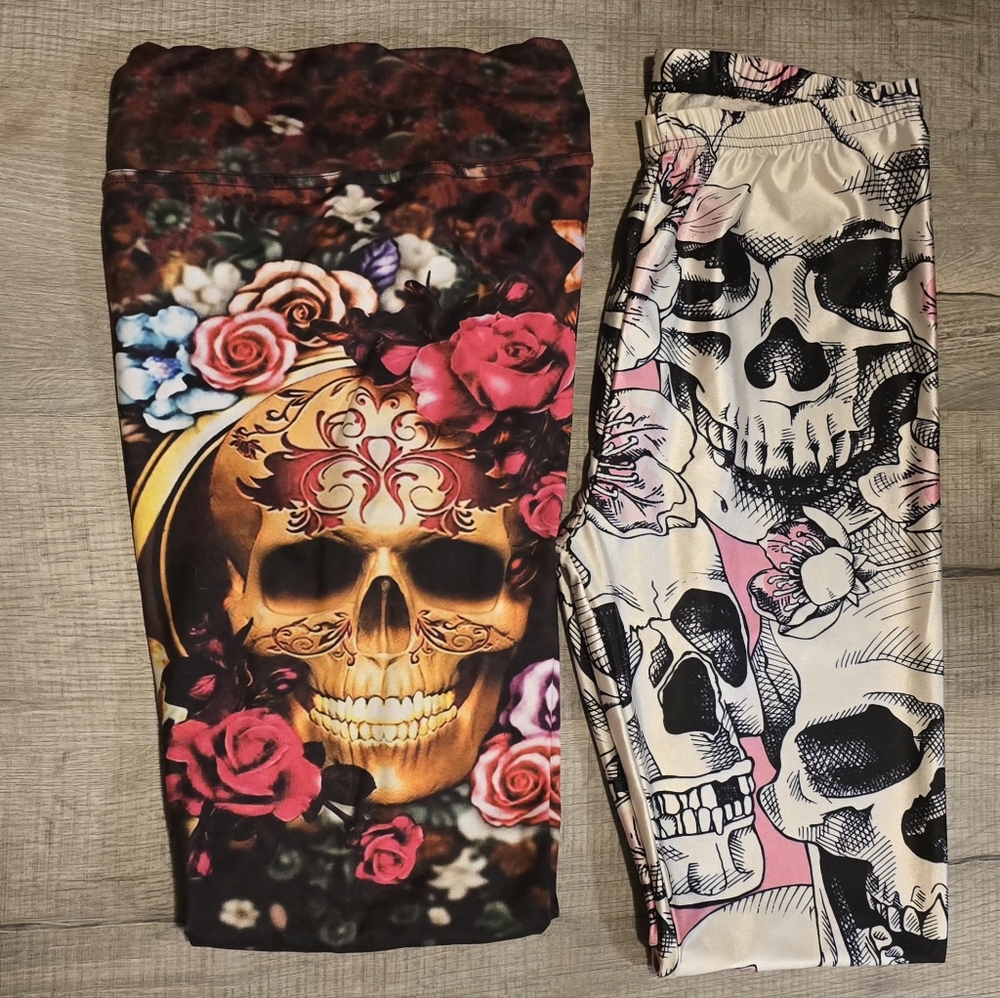 Skull and Floral Print Leggings XXL 3XL